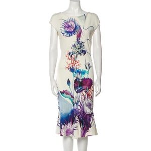 Roberto Cavalli Cream Midi Dress with Purple & Blue Floral Print